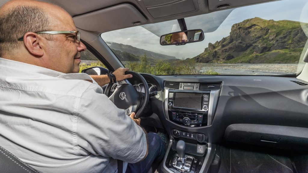 Phil Huff driving the Nissan Navara in Iceland.
