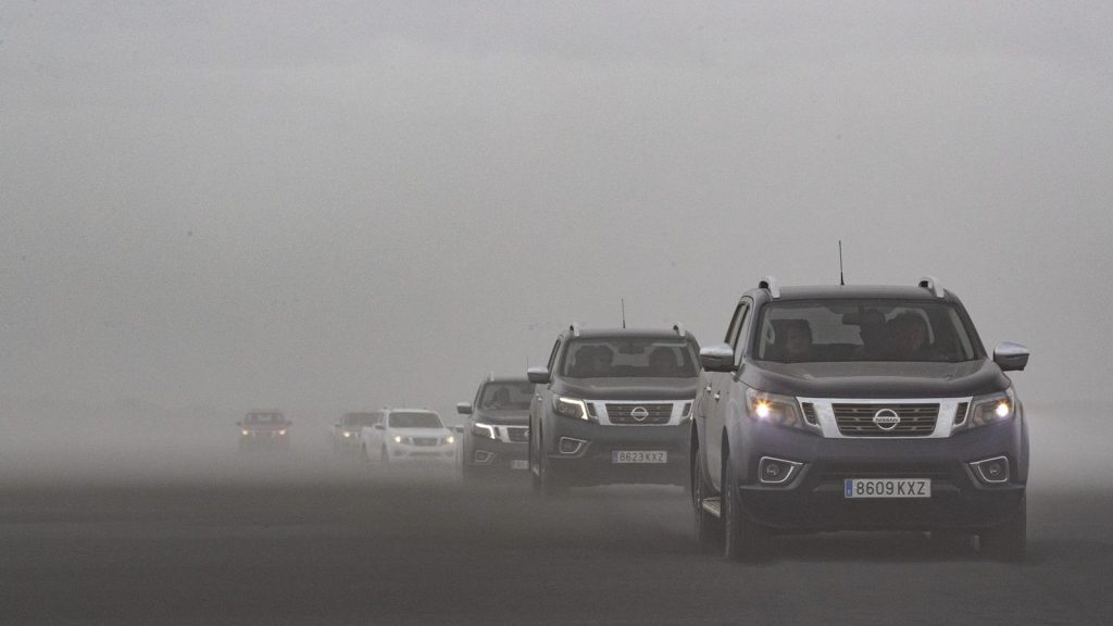 Hiding from the bleak environment in Iceland in the Nissan Navara.