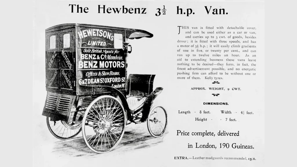 The Hewetson built Mercedes Benz Ideal Van advert from 1899, a similar model to that entering the London to Brighton run.
